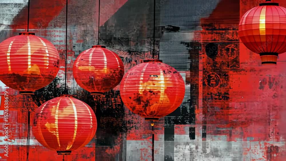 Poster vibrant red lanterns against an abstract textured background
