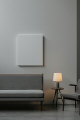 Empty white mockup poster in a modern living Room with Sofa. Vertical orientation