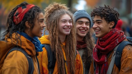 Fototapeta premium Young friends laughing outdoors in autumn