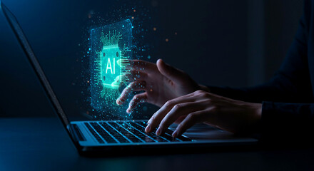 Hands typing on laptop with glowing ai chip overlay in a dark room showing technology concept design