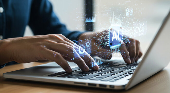 Person typing on laptop with ai overlay showing circuit board and data visualization elements around it