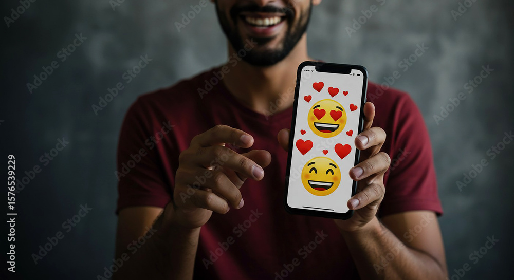 Aufkleber man showing a smartphone with heart eyes and smiling emoji against a dark background in a close up v