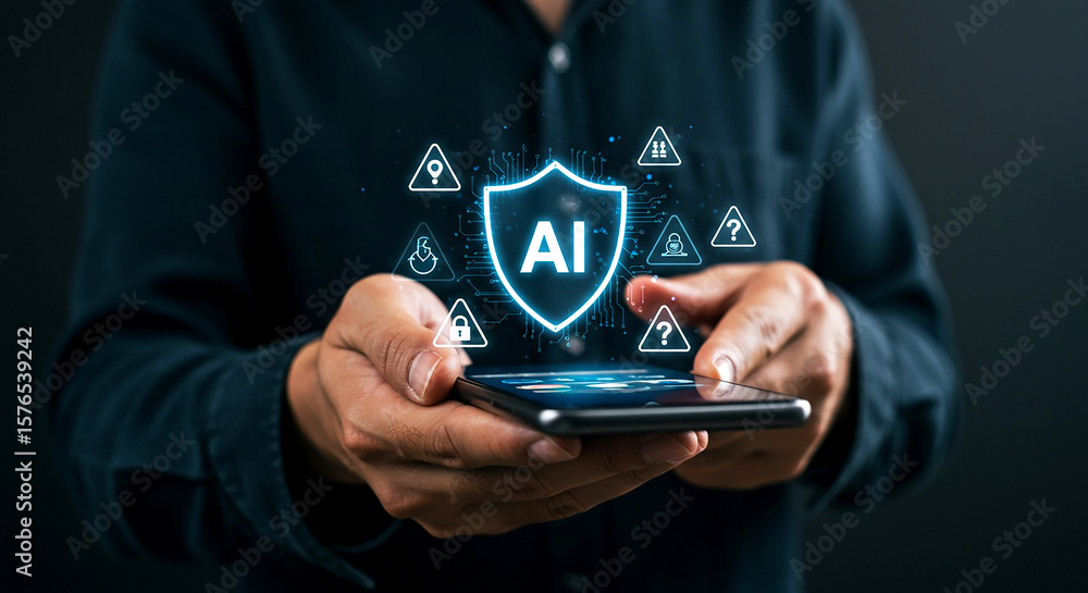 Aufkleber person holding smartphone with ai shield and security icons displayed on the screen in dark setting