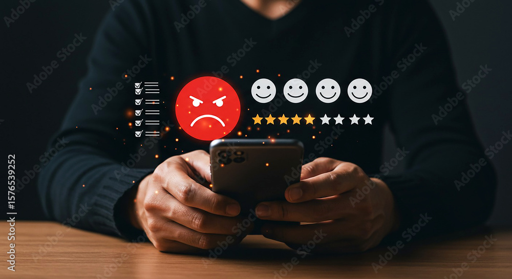 Poster person holding smartphone with angry emoji and stars rating interface overlayed on the screen displa