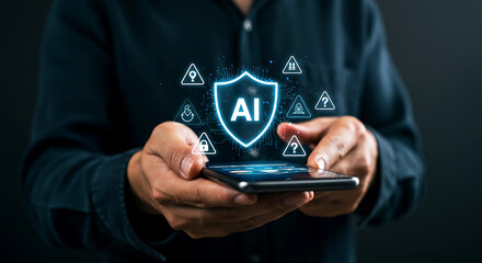 Person holding smartphone with ai shield and security icons displayed on the screen in dark setting