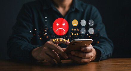 Person holding smartphone with customer feedback interface and rating stars displayed digitally online