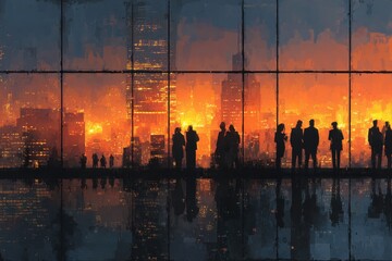 Office interior boasts a stunning view of the Empire State Building and New York City at dusk