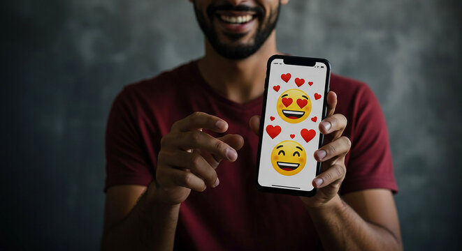 Man showing a smartphone with heart eyes and smiling emoji against a dark background in a close up view - Powered by Adobe