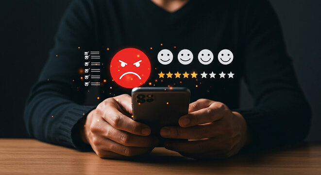 Person holding smartphone with angry emoji and stars rating interface overlayed on the screen display