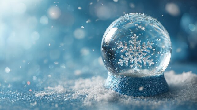 Enchanting Winter Snow Globe: Captivating Snowflake Scene on a Cool Blue Backdrop