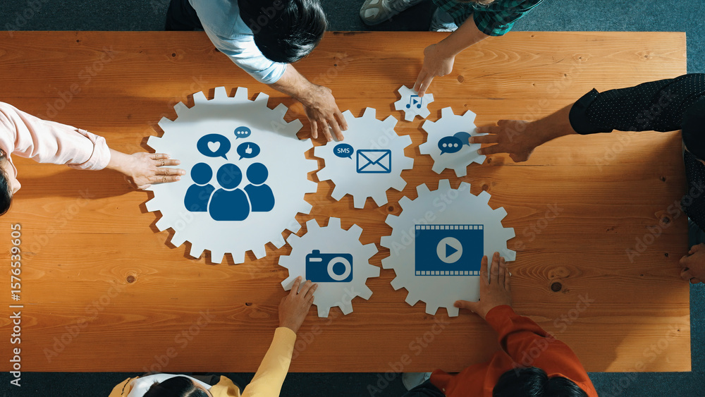 Aufkleber this image captures a dynamic teamwork scene where diverse hands engage with gears featuring social 