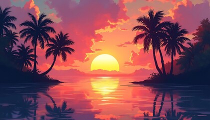 Fototapeta premium Tropical Sunset with Palm Trees Reflecting on Calm Water Illustration