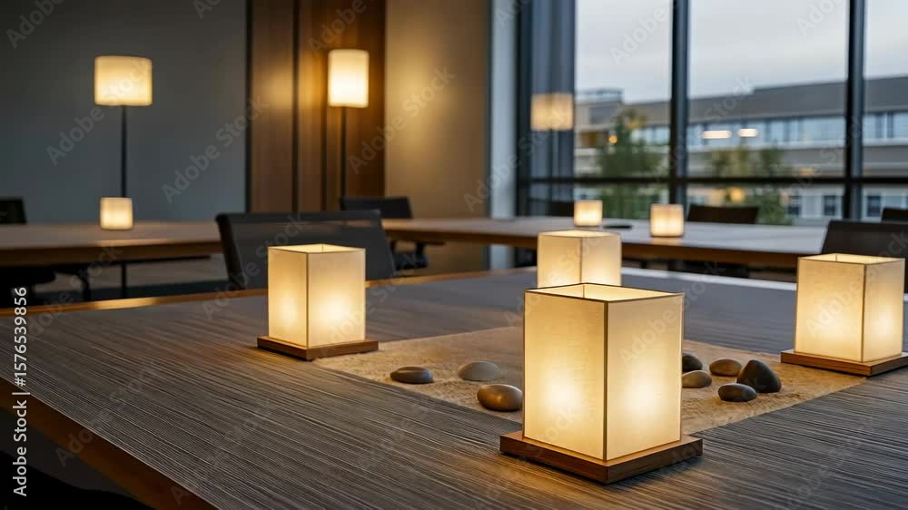 Poster calming table arrangement with illuminated lanterns and pebbles