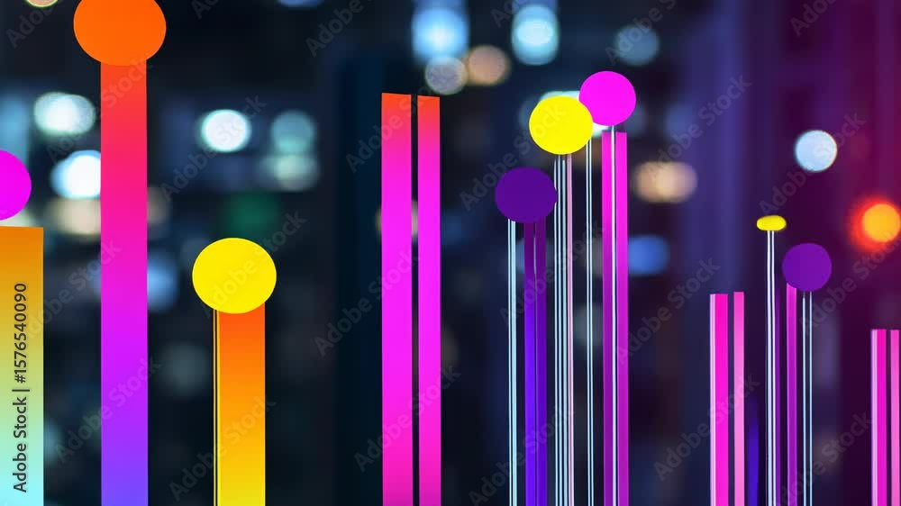 Poster colorful abstract data visualization with glowing bars and circles