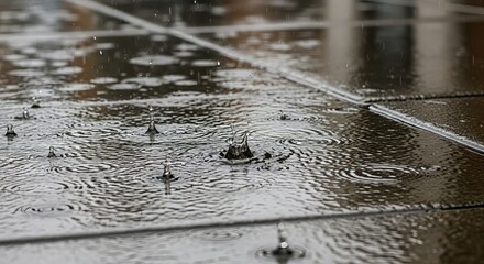 Raindrops Falling on Wet Surface Creating Dynamic Water Splash Patterns