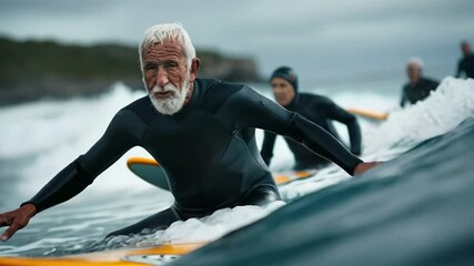 Surfing moments with seniors at the beach during overcast conditions