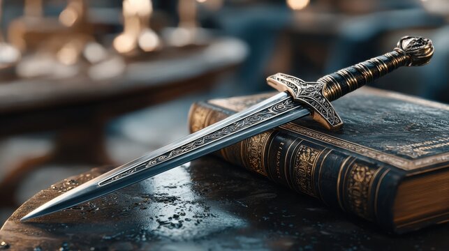 Intricately engraved ornate sword rests on an old book, illuminated on a wet surface, highlighting detailed craftsmanship and historical allure. Ideal for themes of history and fantasy. - Powered by Adobe