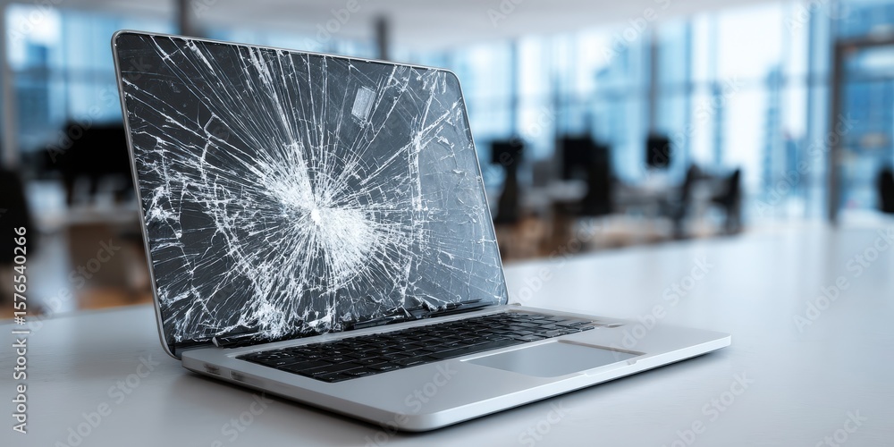 Poster fractured laptop display in office setting: 3d illustration of a broken computer screen