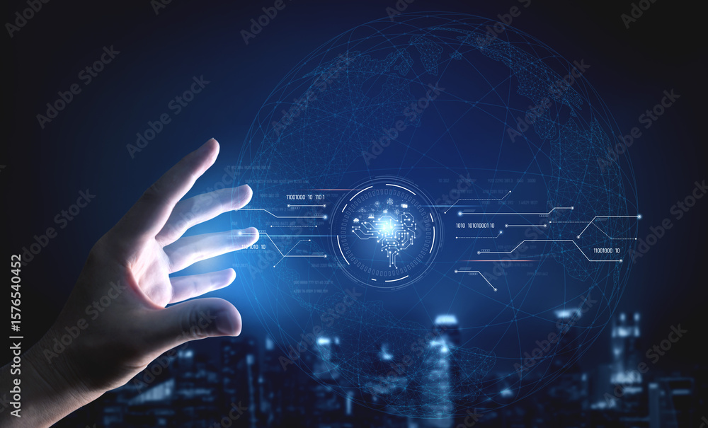 Poster ai artificial intelligence with digital brain and connected data circuit. ai core processes data, ai