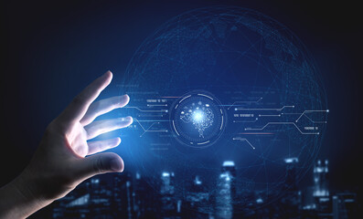 AI artificial intelligence with digital brain and connected data circuit. AI core processes data, AI core drives intelligence, enables connection, and AI core powers smart digital systems. Vouch