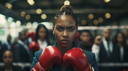 Confident african american businesswoman in boxing gloves stands against the background of people