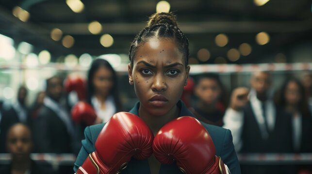 Confident african american businesswoman in boxing gloves stands against the background of people