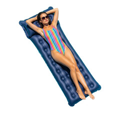 Top view young woman slim body wear striped one-piece swimsuit sunglasses lies on inflatable on Isolated transparent background png. generated with AI