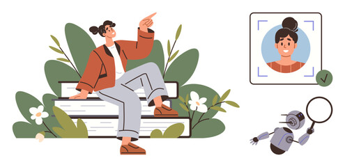 Woman sitting on stacked books surrounded by leaves and flowers, facial recognition scan, robot with magnifying glass. Ideal for technology, biometrics, AI, education, innovation, nature modern