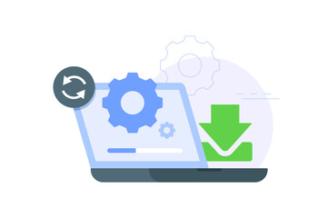 Laptop screen with gear, loading bar, and download icon representing software installation, system update, or file download process