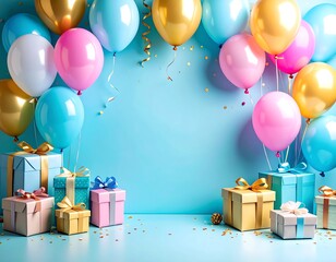 Birthday party backdrop with balloons and gifts