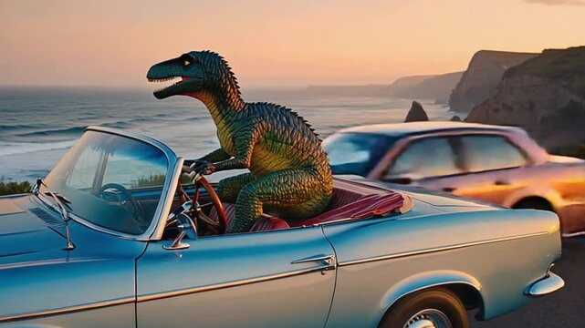 Dinosaur driving a car.