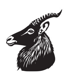 Stylized Black and White Drawing of a Majestic Goat with Horns. Goat head silhouette. Goat vector logo design.