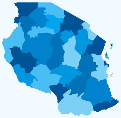 Map of Tanzania with regions. Just a simple country border map with region division. Light blue color palette. Flat United Republic of Tanzania shape with administrative division. Vector illustration.