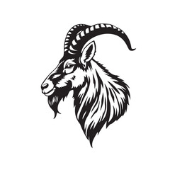 Stylized Black and White Drawing of a Majestic Goat with Horns. Goat head silhouette. Goat vector logo design.