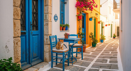 colorful greek alley with blue doors, flowers and cat sitting on chair

