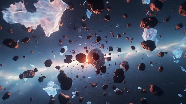 Asteroid Field with Ice and Rock Fragments