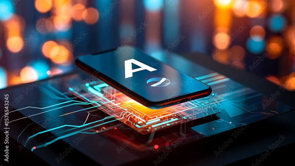 Poster smartphone displaying the letter a and a futuristic circuit board design, advanced technology and ar
