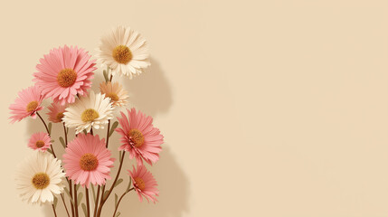 Obraz premium Minimalist of a many daisy on a beige background, clean lines, soft shadows, pastel tone, flat design style flat