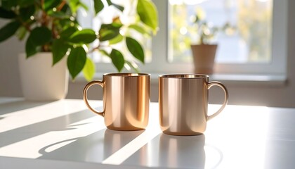 Obraz premium Two copper mugs on a white surface near a window with plants