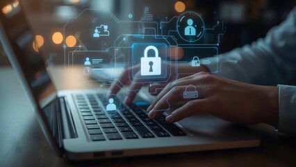 Digital Identity and Online Security: User Login Screen Overlay on Laptop Keyboard for website banners, social media posts, or corporate presentations related to cybersecurity awareness and tech blogs