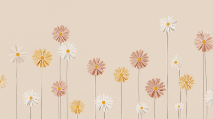 Obraz premium Minimalist of a many daisy on a beige background, clean lines, soft shadows, pastel tone, flat design style flat 