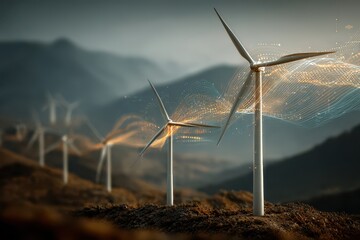 Wind turbine generates clean energy with blue digital circuit overlay technology concept against a dramatic overcast sky