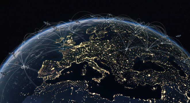 A view of Earth at night showing Europe with interconnected flight paths and city lights.