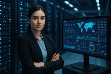 A young and expert woman managing data in a high-tech server room, standing in front of a large monitor in a modern data center.
