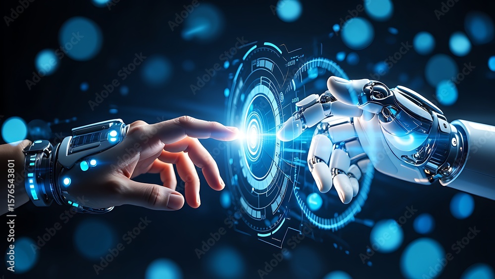 Poster human and robot hands interacting with glowing technology interface, futuristic collaboration and co