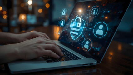 Cybersecurity and Data Protection: Hands Typing Password on Laptop with Digital Lock Icons for IT security firms, fintech services, or educational content about safe internet practices and tech blogs