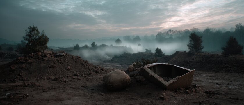 Misty battlefield aftermath with cratered landscape and abandoned remnants