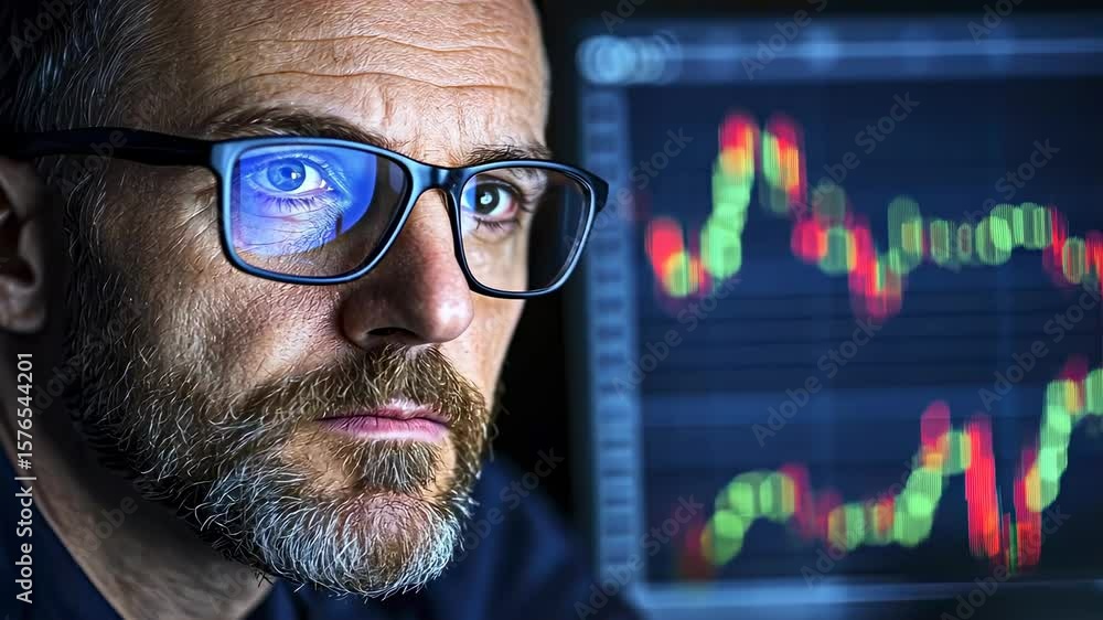 Poster focused trader analyzing market trends and data