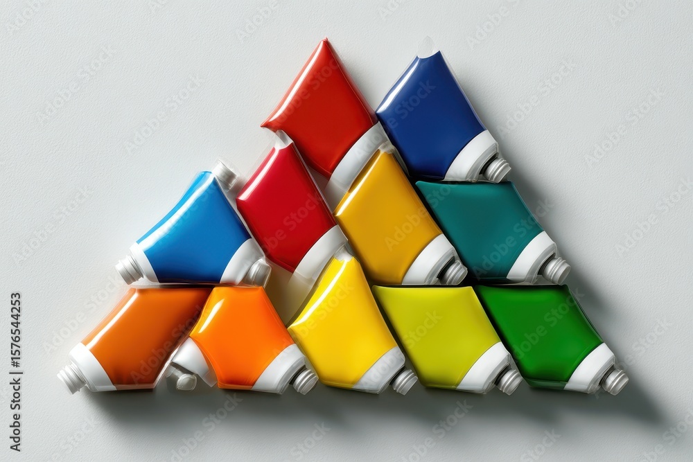 Poster primary colors forming a triangle with paint tubes on a neutral background creating graphic design