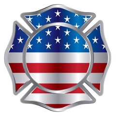 Maltese cross icon with the American flag isolated on white background. Emblem Honoring firefighters of America. Acknowledging first responders 